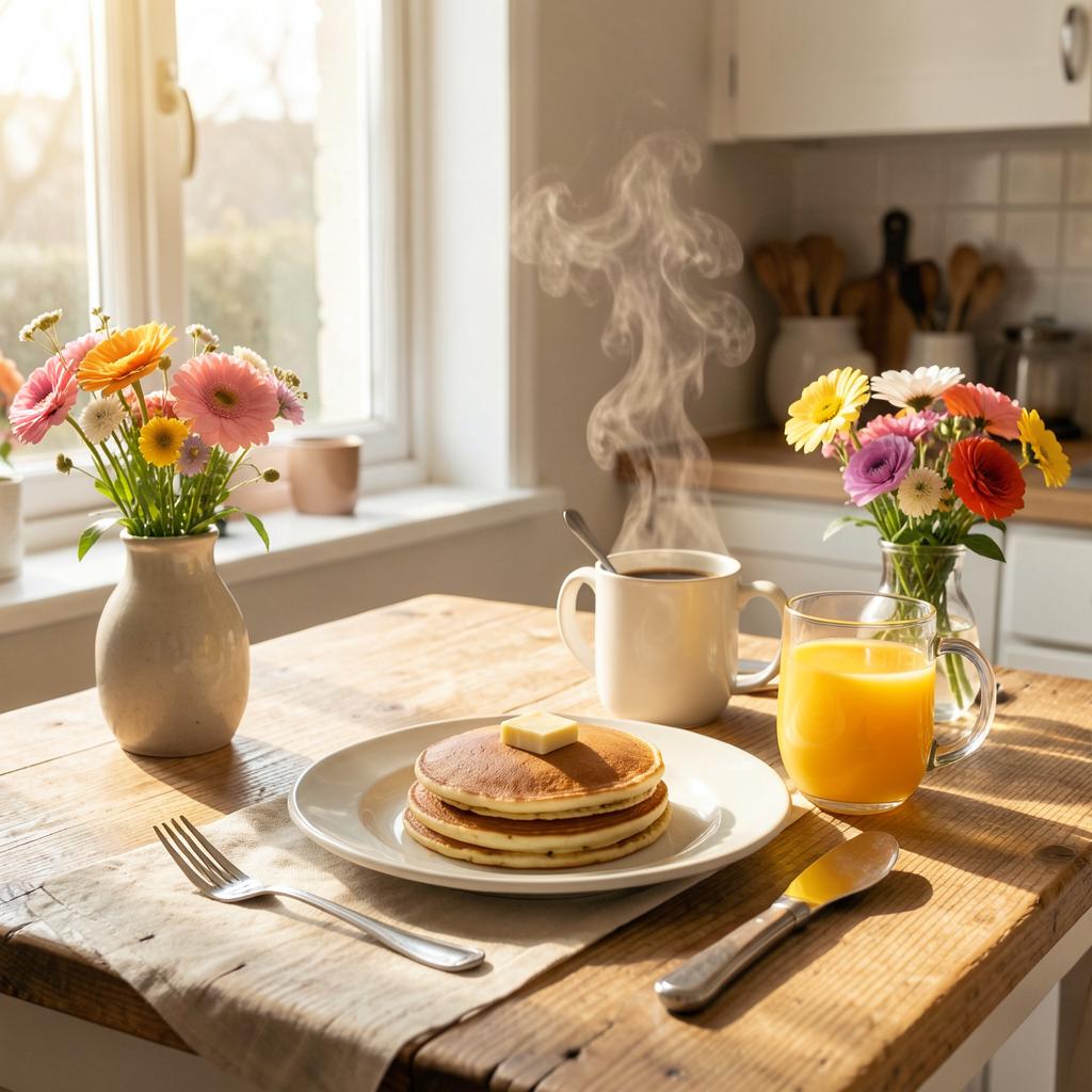 A homemade breakfast on the kitchen table — pancakes, coffee, and orange juice