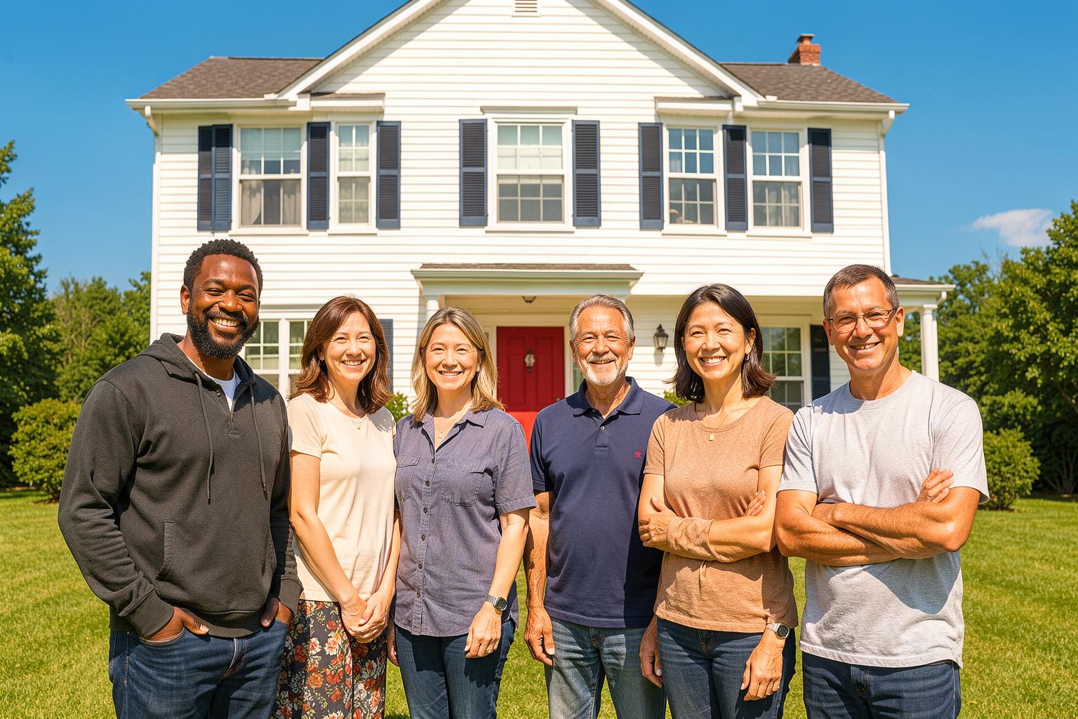 Horizon Living — a big, newly built home with a red door, navy shutters, and a bright blue sky, with a diverse group of smiling men and women of all races standing naturally out front