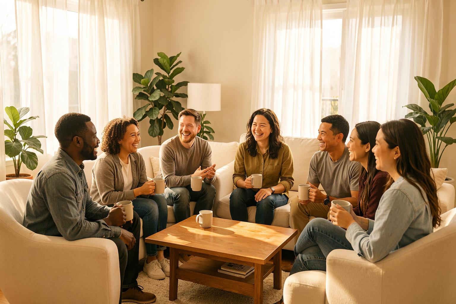 A diverse group of residents of all races chatting warmly together with coffee in the sunlit living room