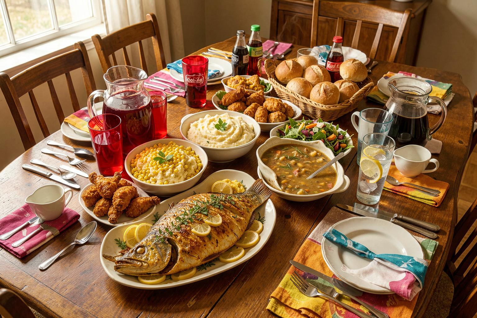 A generous family-style feast on a long elegant table at Horizon Living — a fresh golden baked fish on a platter, crispy chicken wings, creamy mashed potatoes, sweet corn, a hearty bowl of soup, a big tossed salad, a basket of bread rolls, soda bottles, a pitcher of ruby-red kool-aid with glasses, a carafe of hot coffee with cups, and tall glasses of ice water, with full place settings and no wine glasses