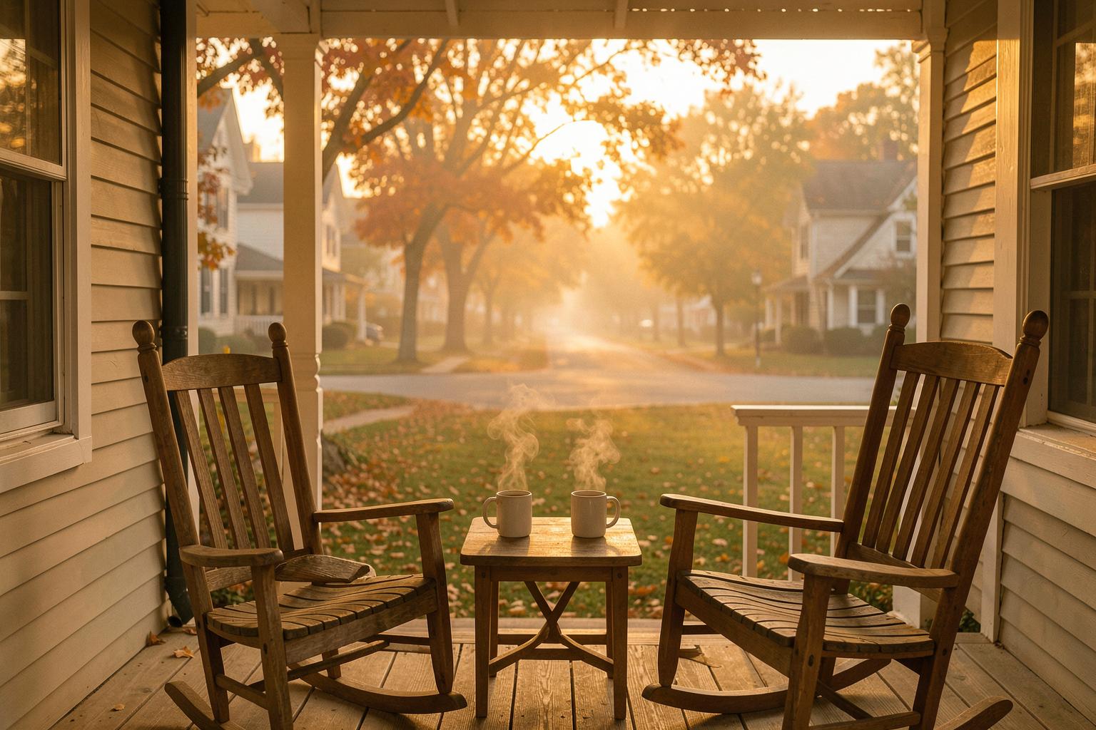 Two rocking chairs with coffee on the front porch at sunrise — a quiet start to a new day