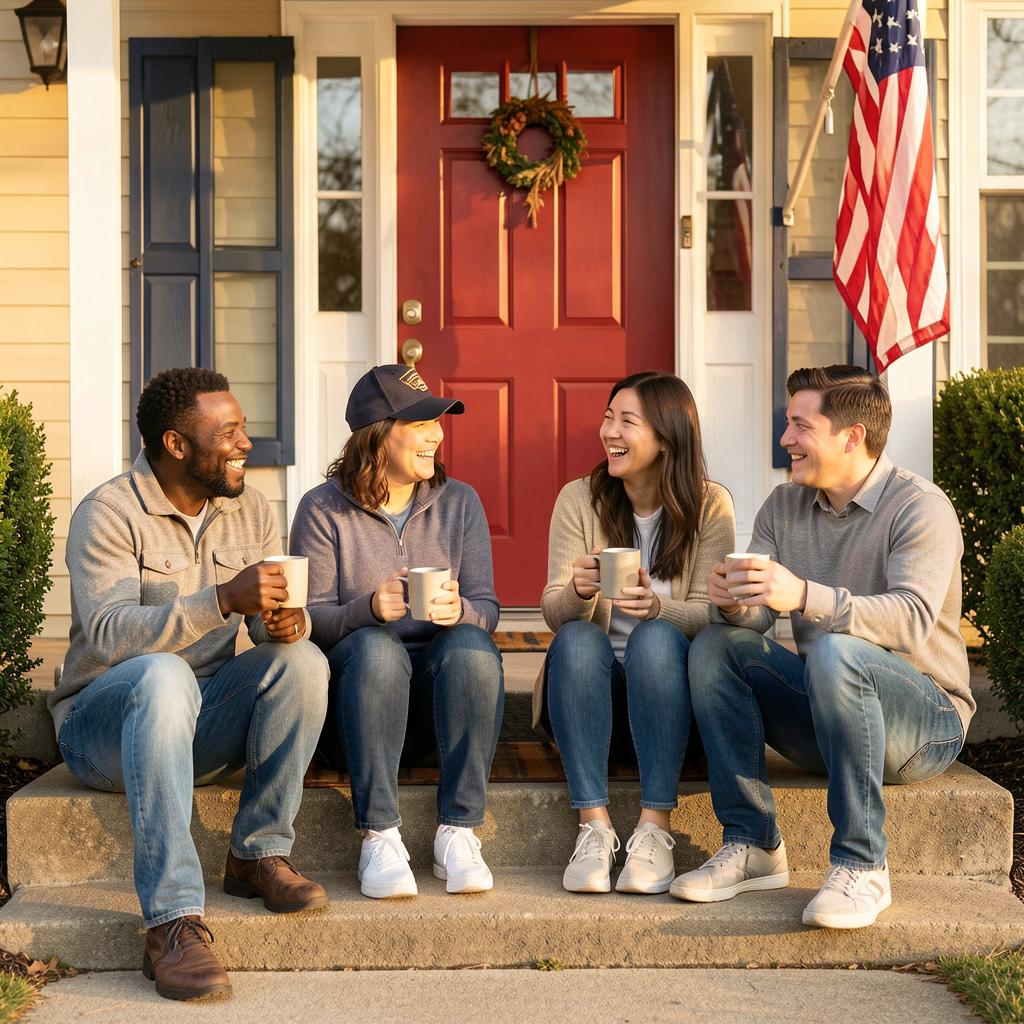 A diverse group of men and women residents sharing coffee and conversation on the front porch of Horizon Living