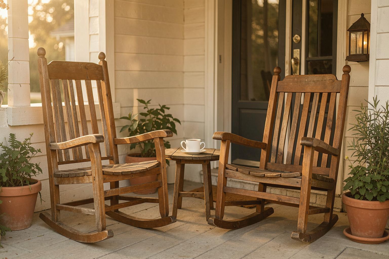 Two rocking chairs with coffee on the front porch at sunrise — the day at Horizon starts here