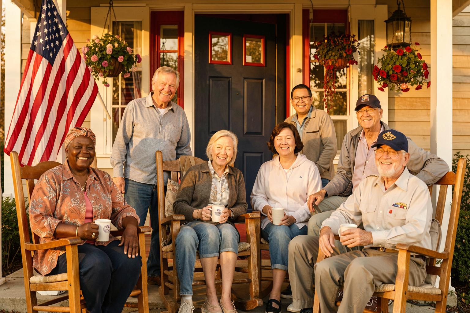 Residents of Horizon Living smiling on the front porch, one in a veteran cap — comfort meets community