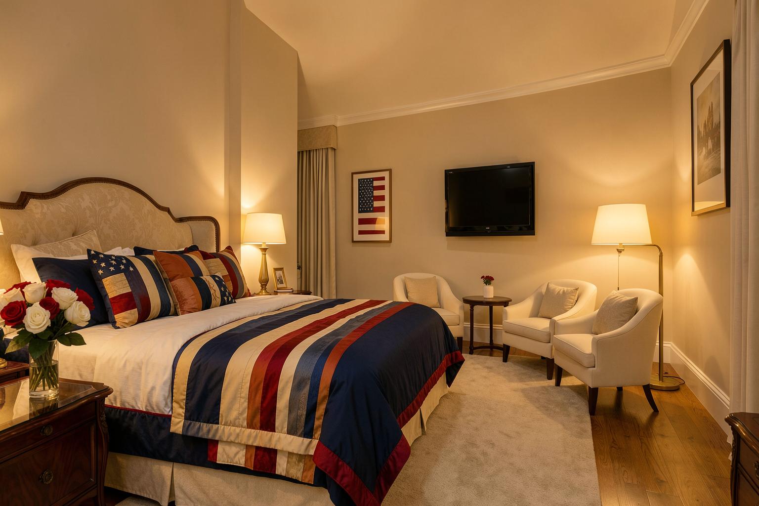 The Patriot's Suite at Horizon Living — a grand luxurious co-ed veteran suite with a plush full-size bed in a modern American flag style, a wall TV across from the bed, a refined seating corner with two chairs and a small table, floor lamps, and fresh flowers