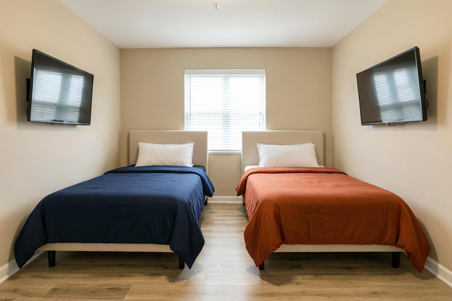 A shared room at Horizon Living — two twin beds side by side with space between them, and a wall-mounted TV on each bed's own side wall so residents can lie down and watch their own screen