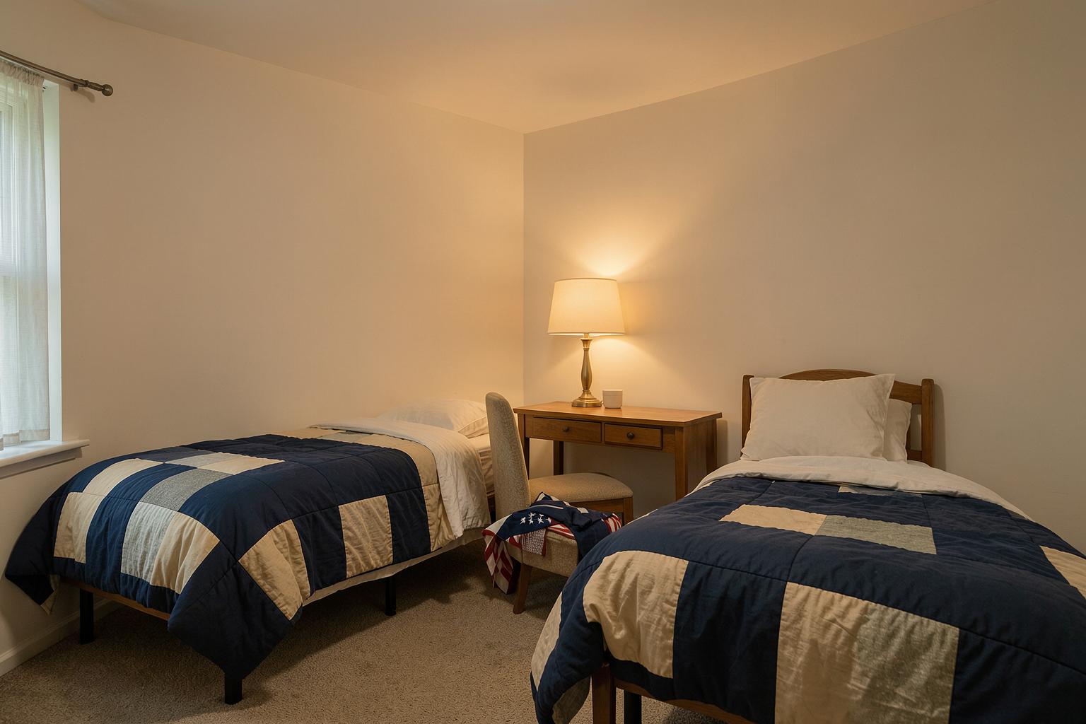 A room reserved for veterans at Horizon Living, with a neatly folded flag