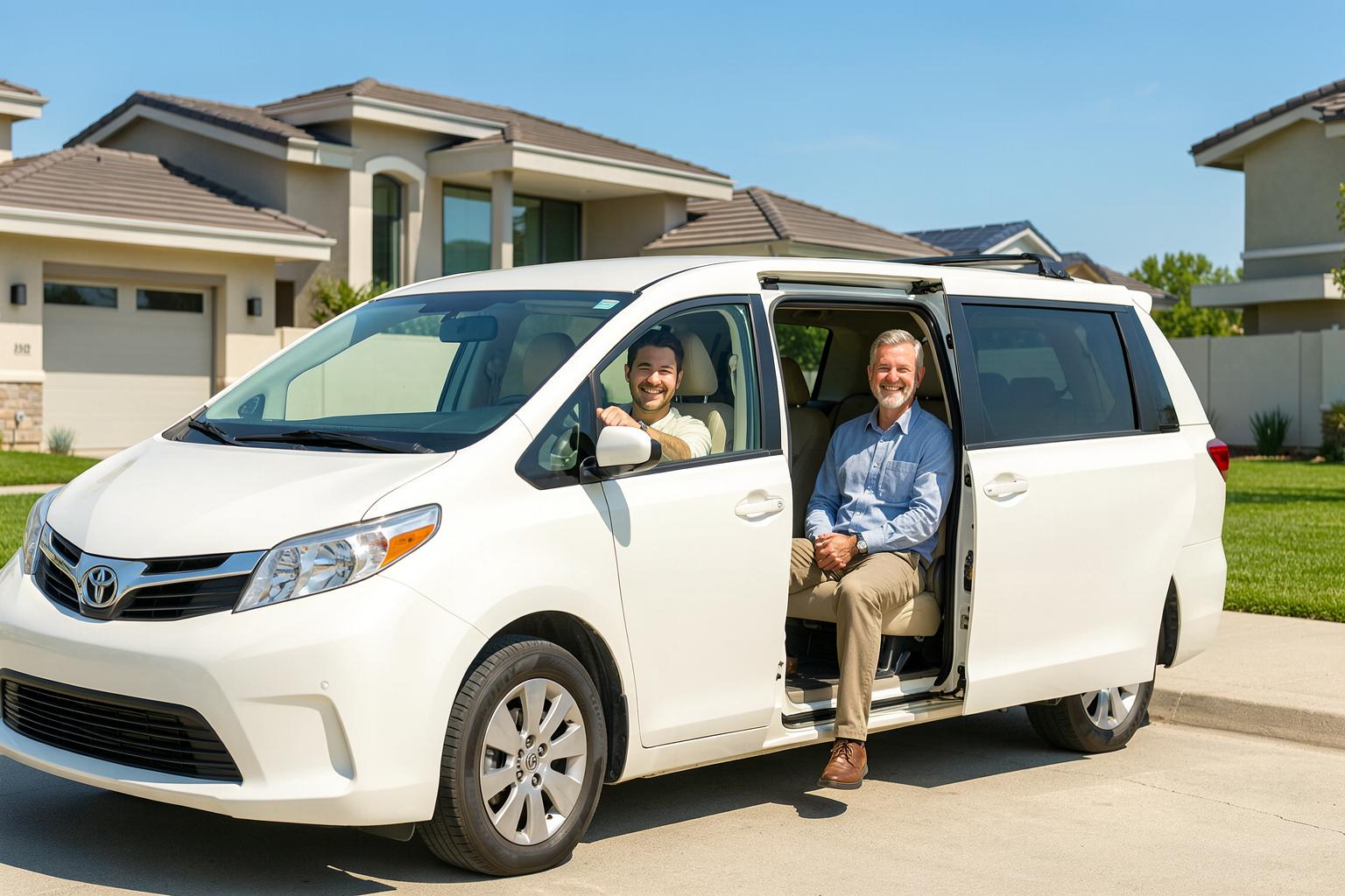 A brand-new pearl-white van — a younger male driver at the wheel, a middle-aged male passenger sitting comfortably in the backseat, ready for a ride to his appointment