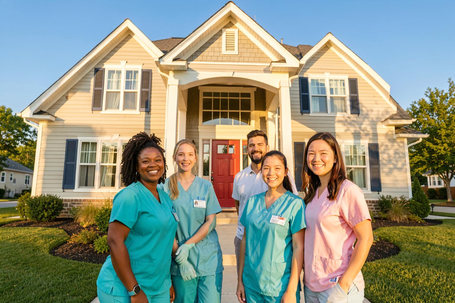 A diverse group of travel nurses in scrubs smiling together in front of the Horizon Living home