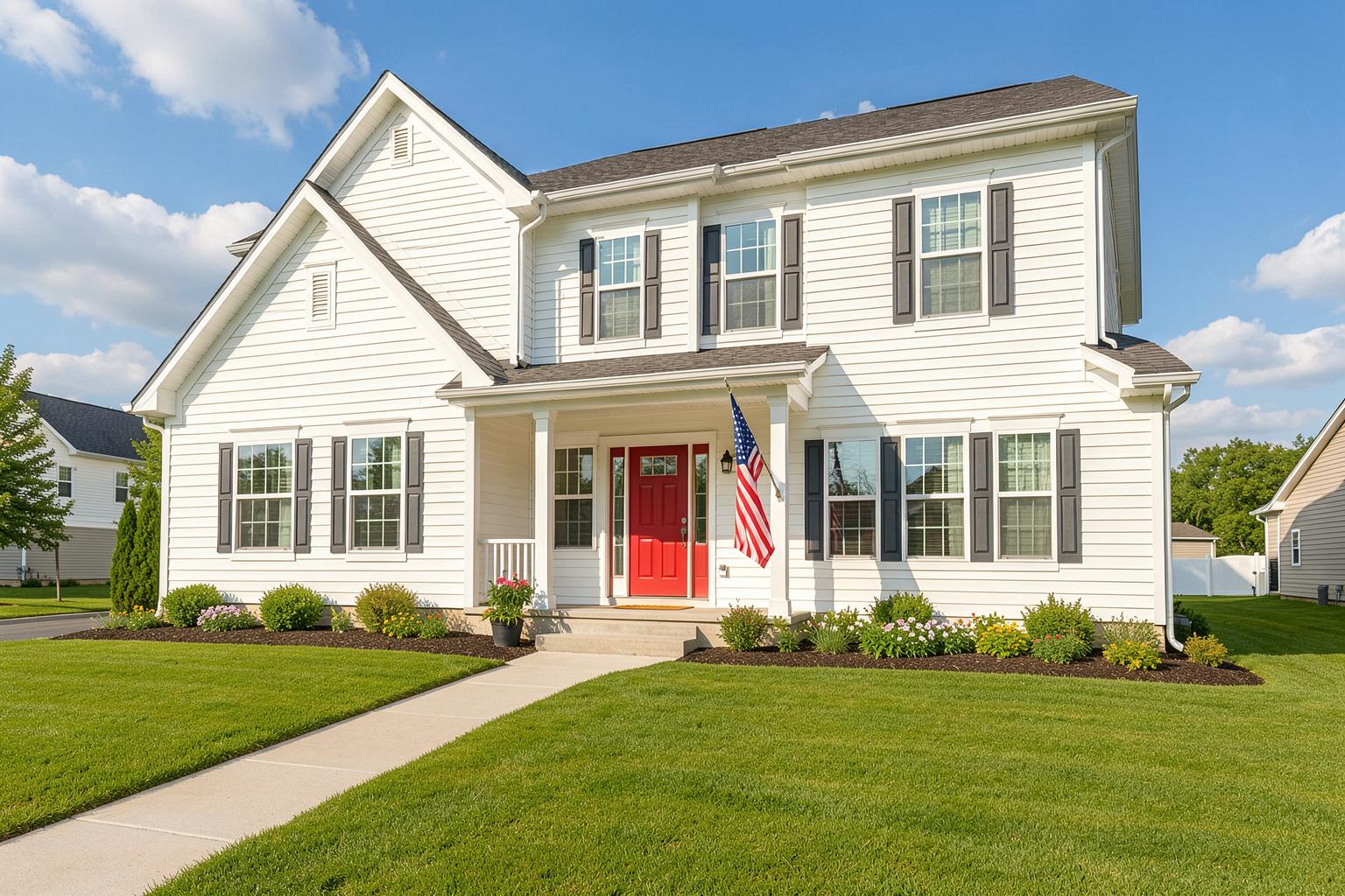 A big, modern Horizon Living home with an American flag by the front door — a contemporary, welcoming house for veterans